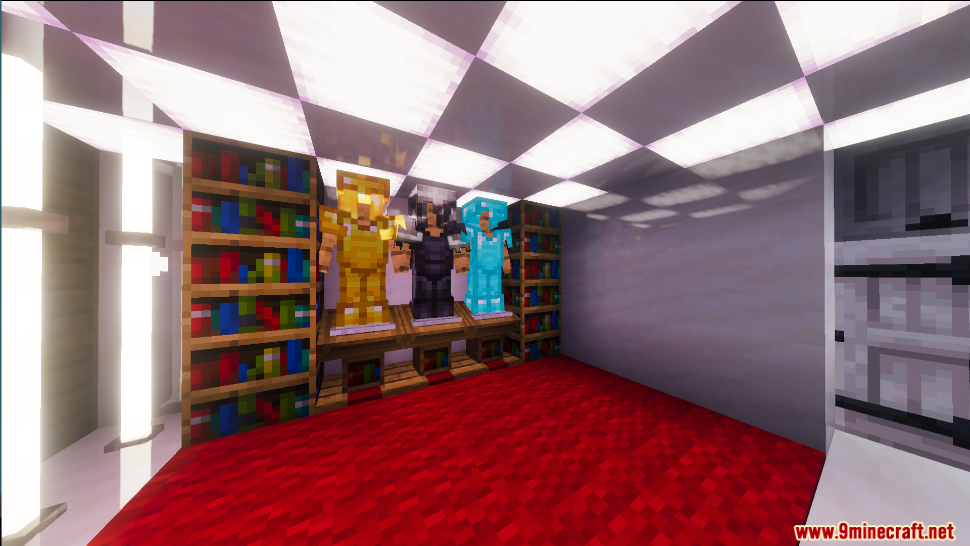 Survival Modern House 36 Map Screenshot 8 Three armor stands with gear sets placed between bookshelves on a red carpet
