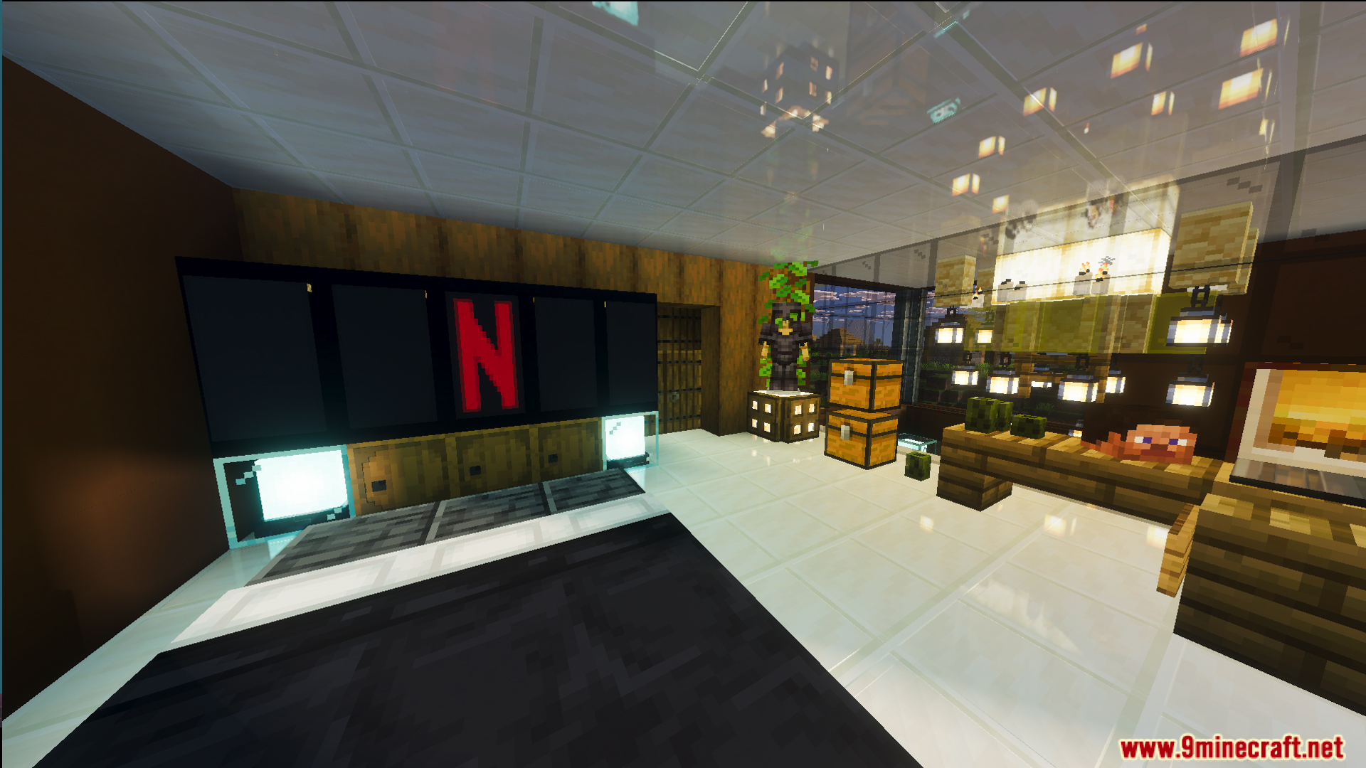 Modern bedroom featuring a large screen with Netflix logo and storage chests