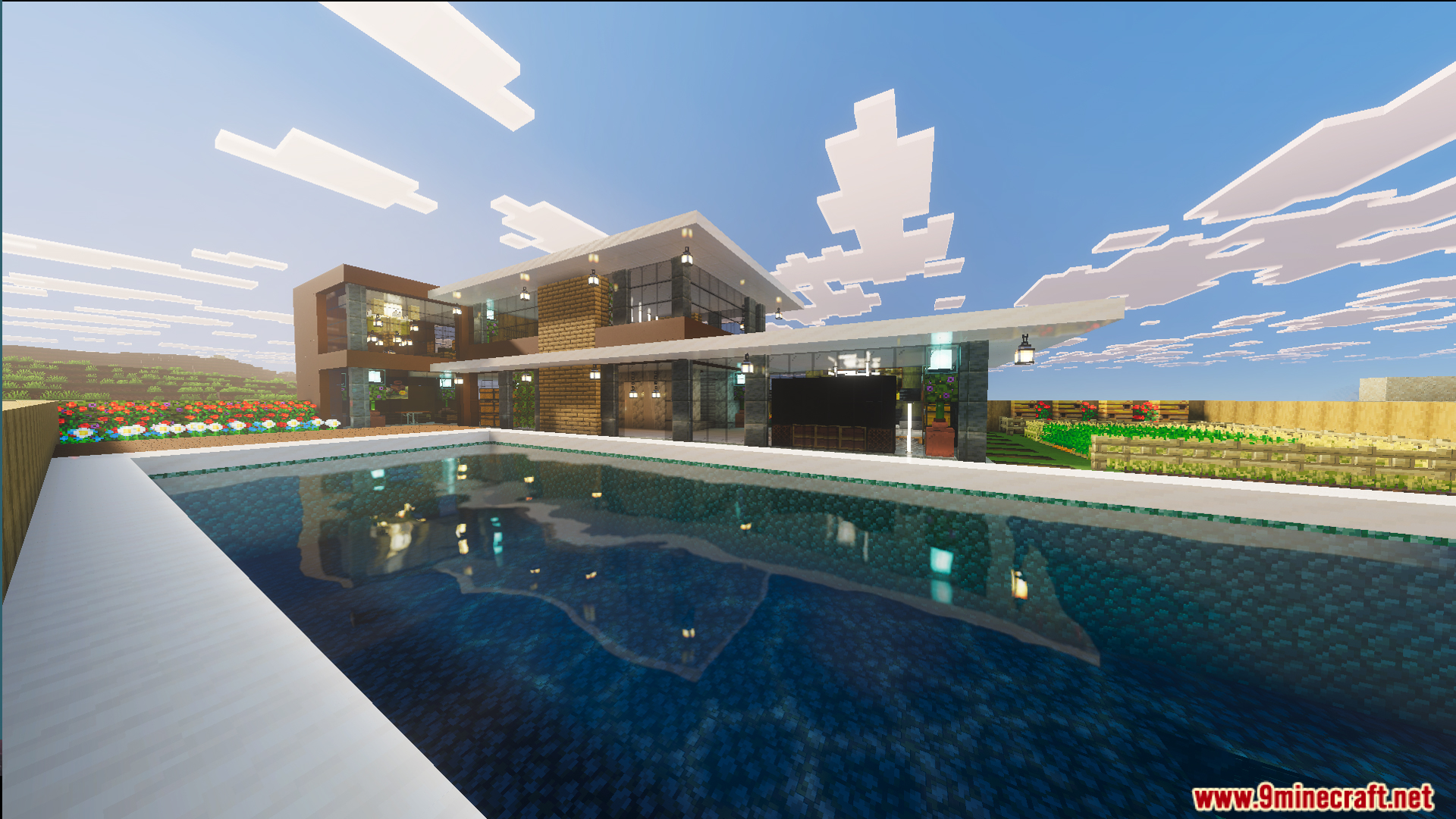 A large swimming pool sits in front of the Survival Modern House map