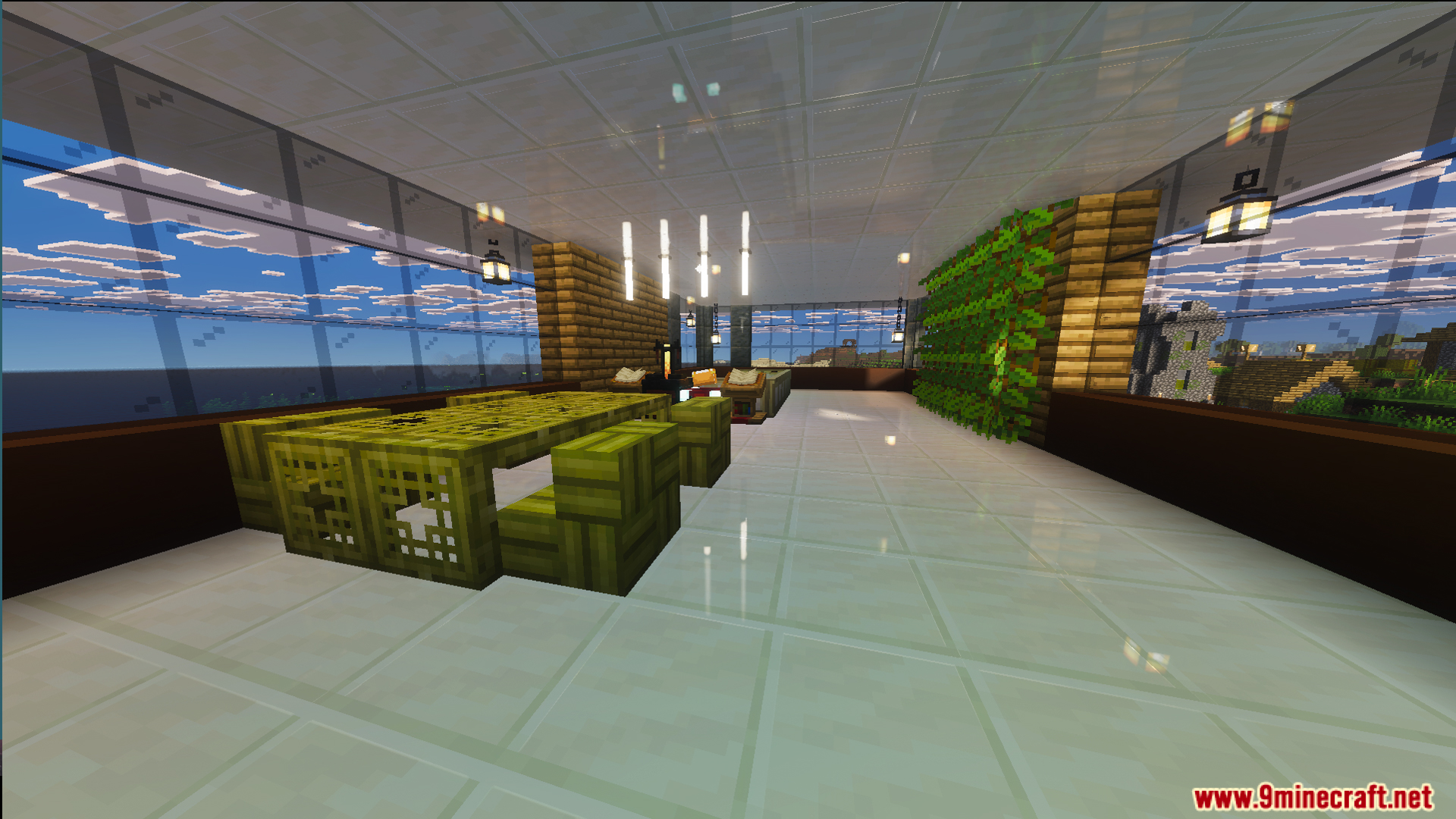 Interior view of Survival Modern House forty one Map with green dining furniture