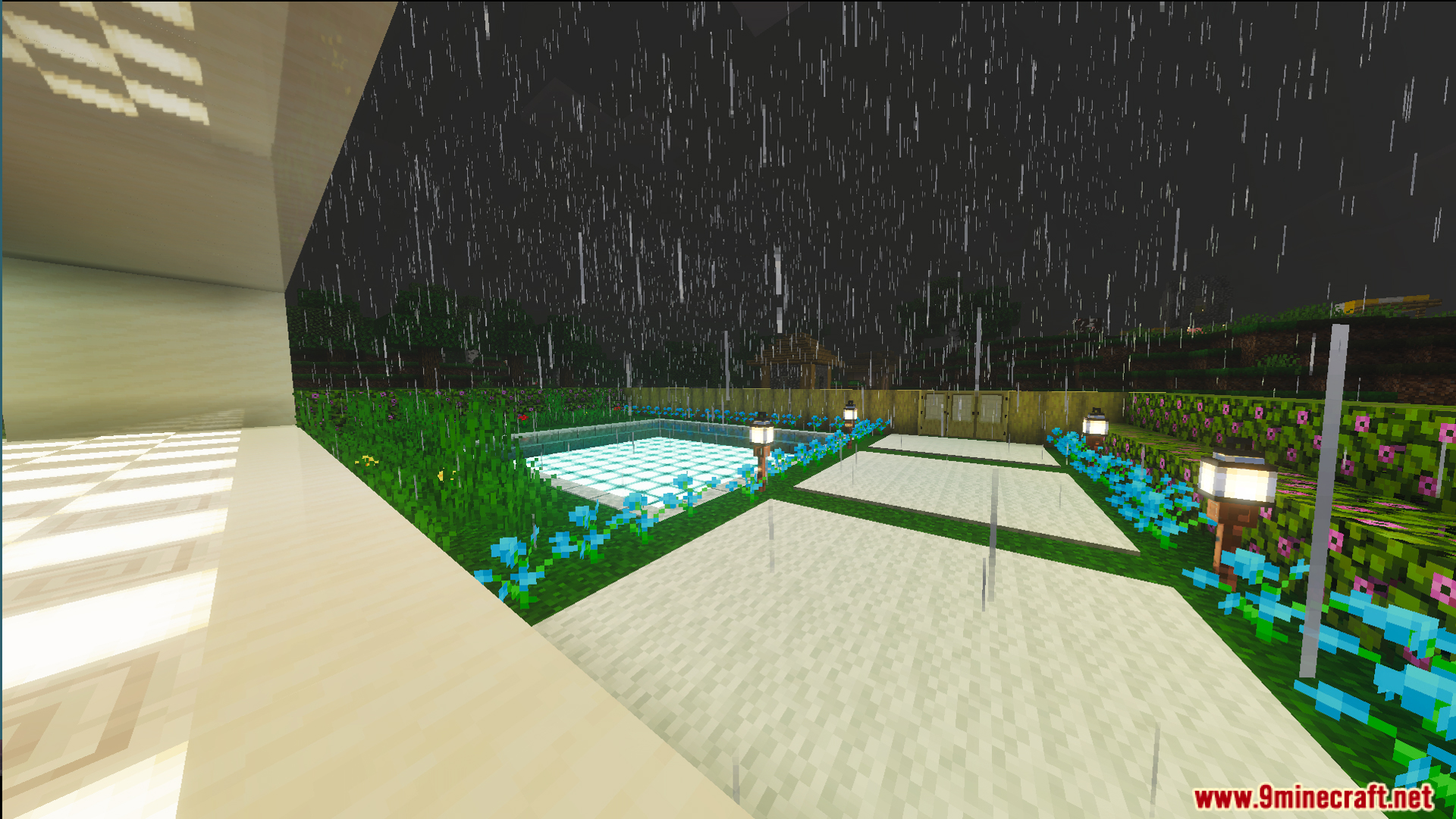 Survival Modern House 42 Map Screenshot 3 Outdoor patio area with a glowing pool and blue flowers in the rain
