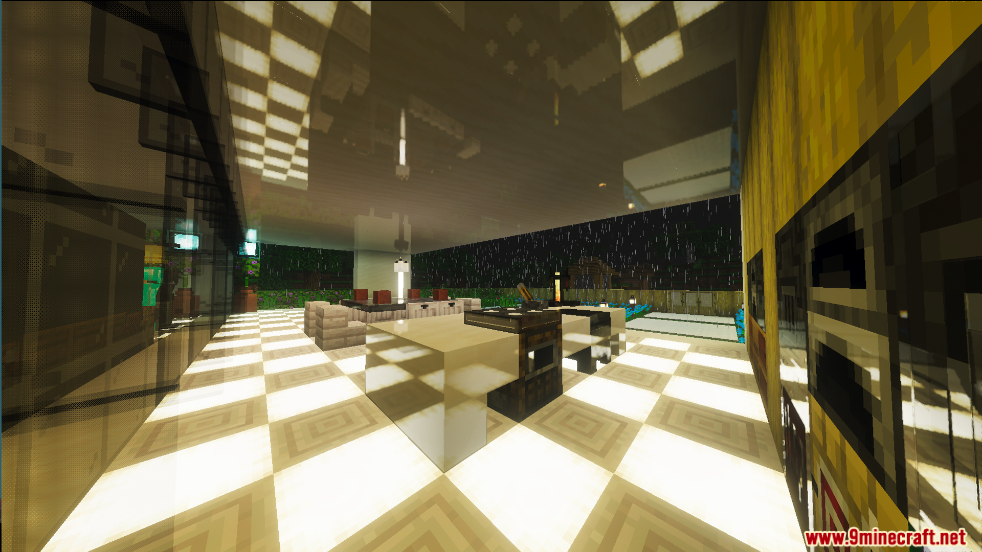 Survival Modern House 42 Map Screenshot 5 Survival Modern House 42 Map interior with glowing floor tiles and rain