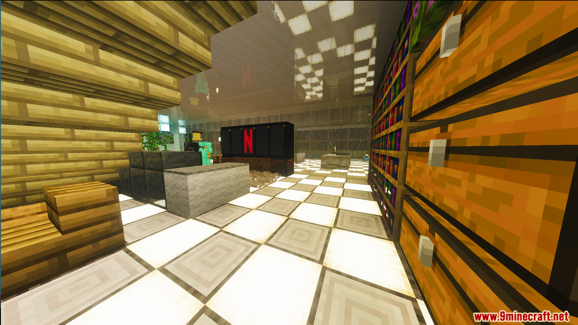 Survival Modern House 42 Map Screenshot 6 Modern living room area with bookshelves and a large television screen