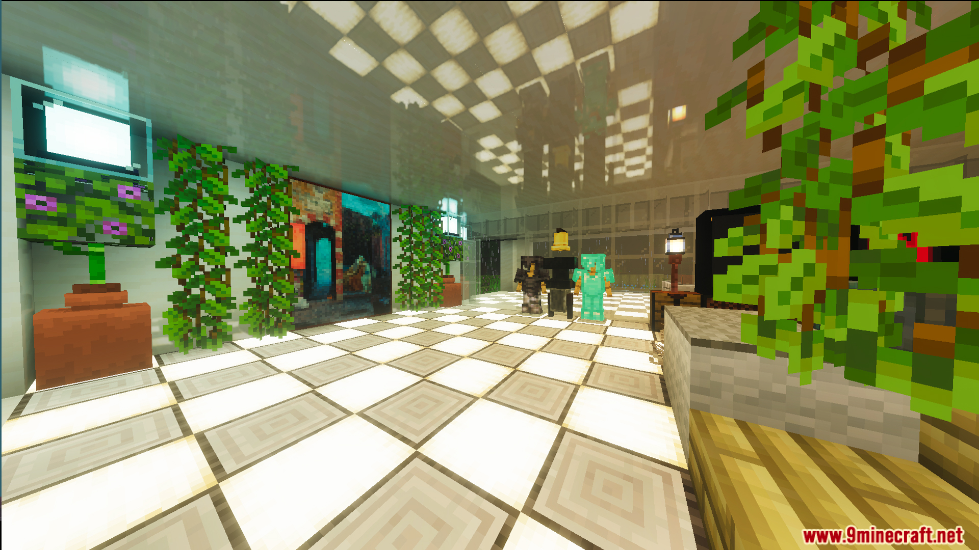 Survival Modern House 42 Map Screenshot 7 Survival Modern House 42 Map interior featuring glowing checkered floor tiles and plants