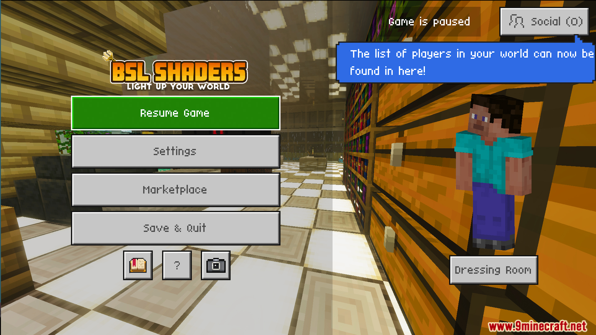 Survival Modern House 42 Map Screenshot 8 The game pause menu displays the player character standing beside a large bookshelf