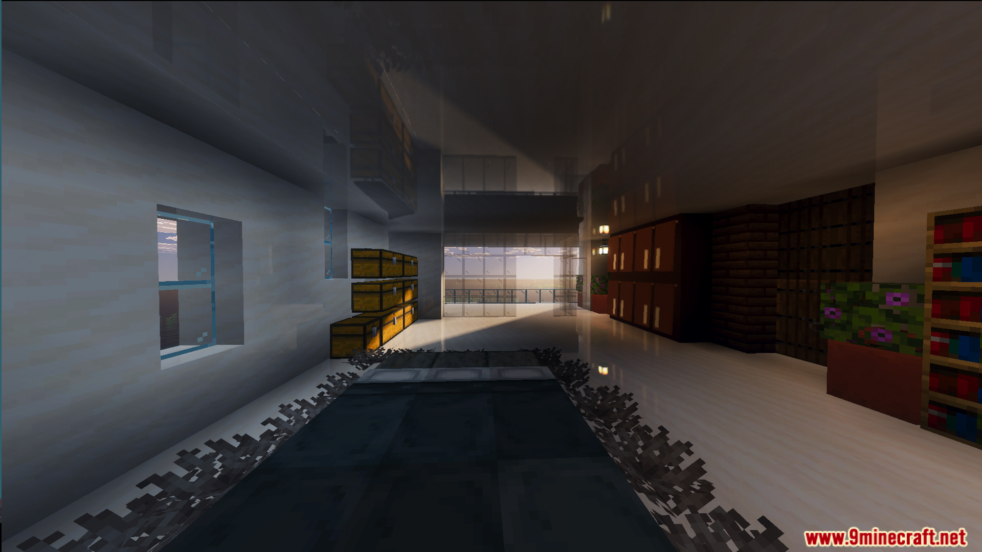 Modern house interior with stacked storage chests and a bed near windows