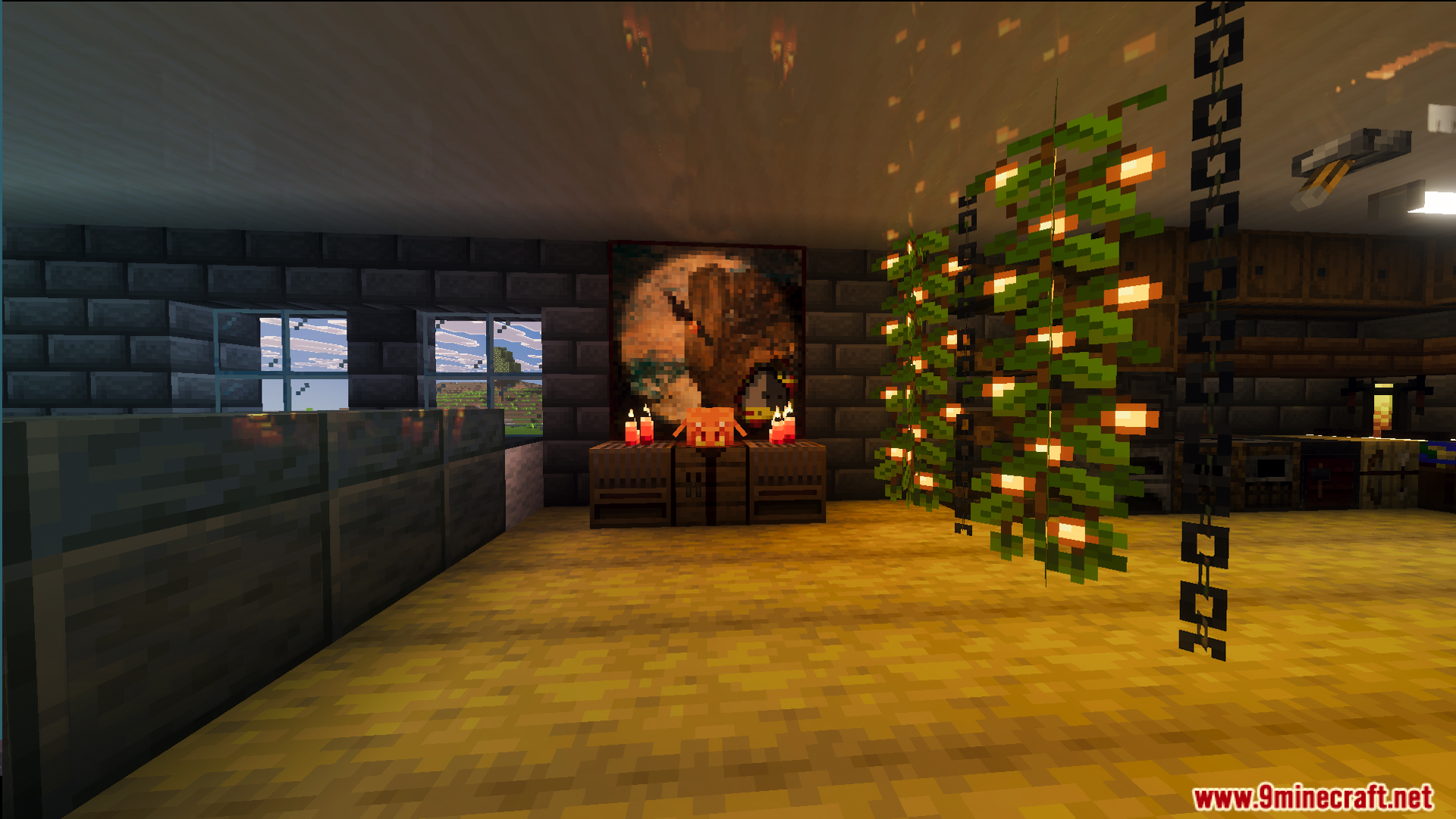 Cozy room with glowing berry vines and a large wall painting