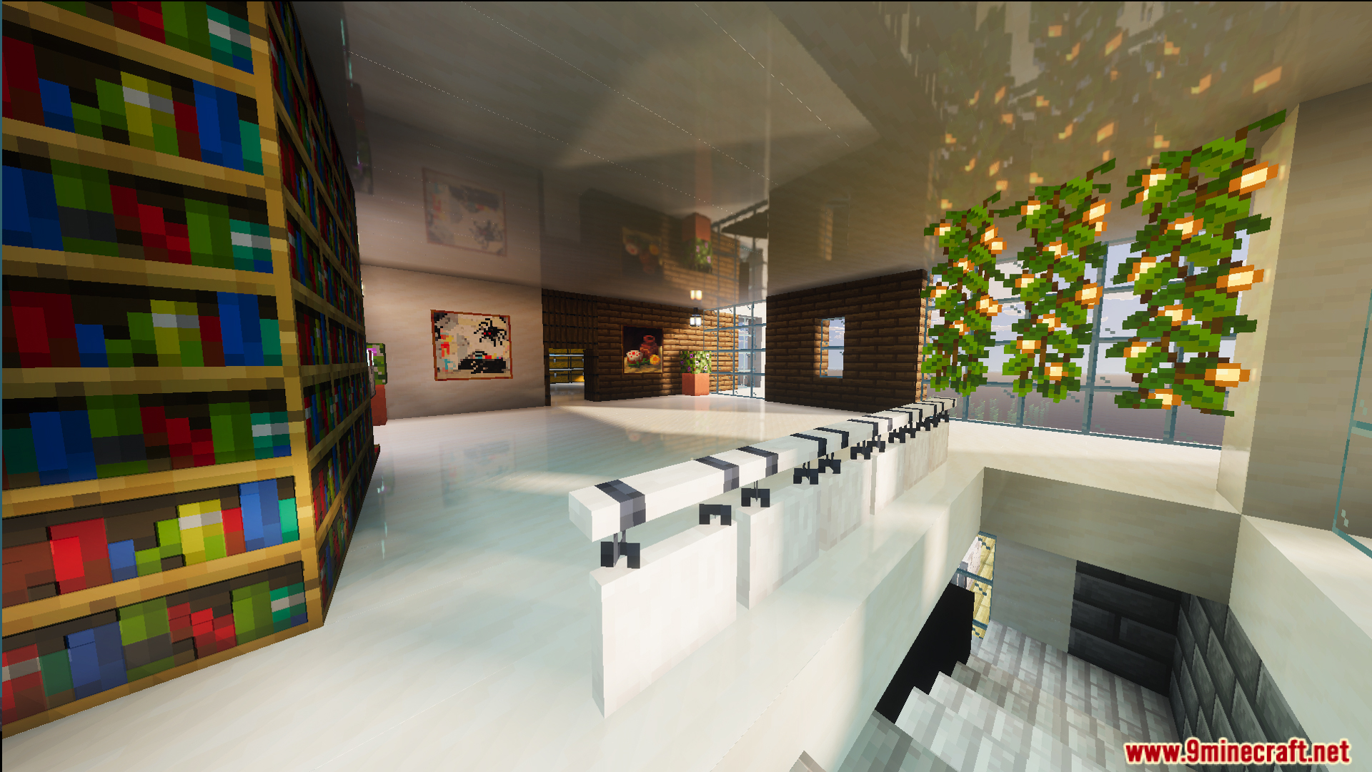 Survival Modern House Map interior featuring a large bookshelf and white floors