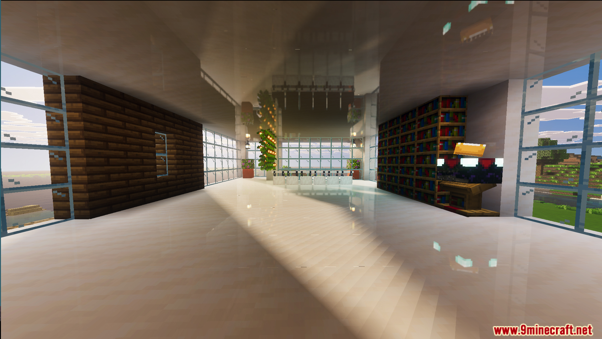 Interior of the Survival Modern House map featuring a library and large windows