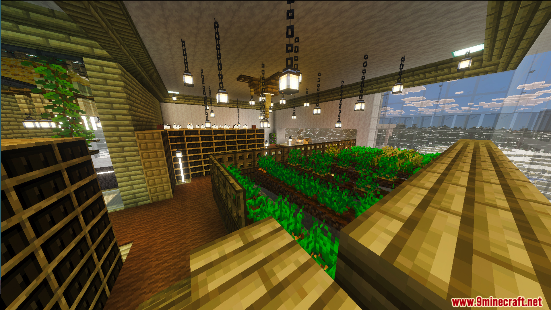 Indoor garden area with growing crops and wooden bookshelves under many lanterns