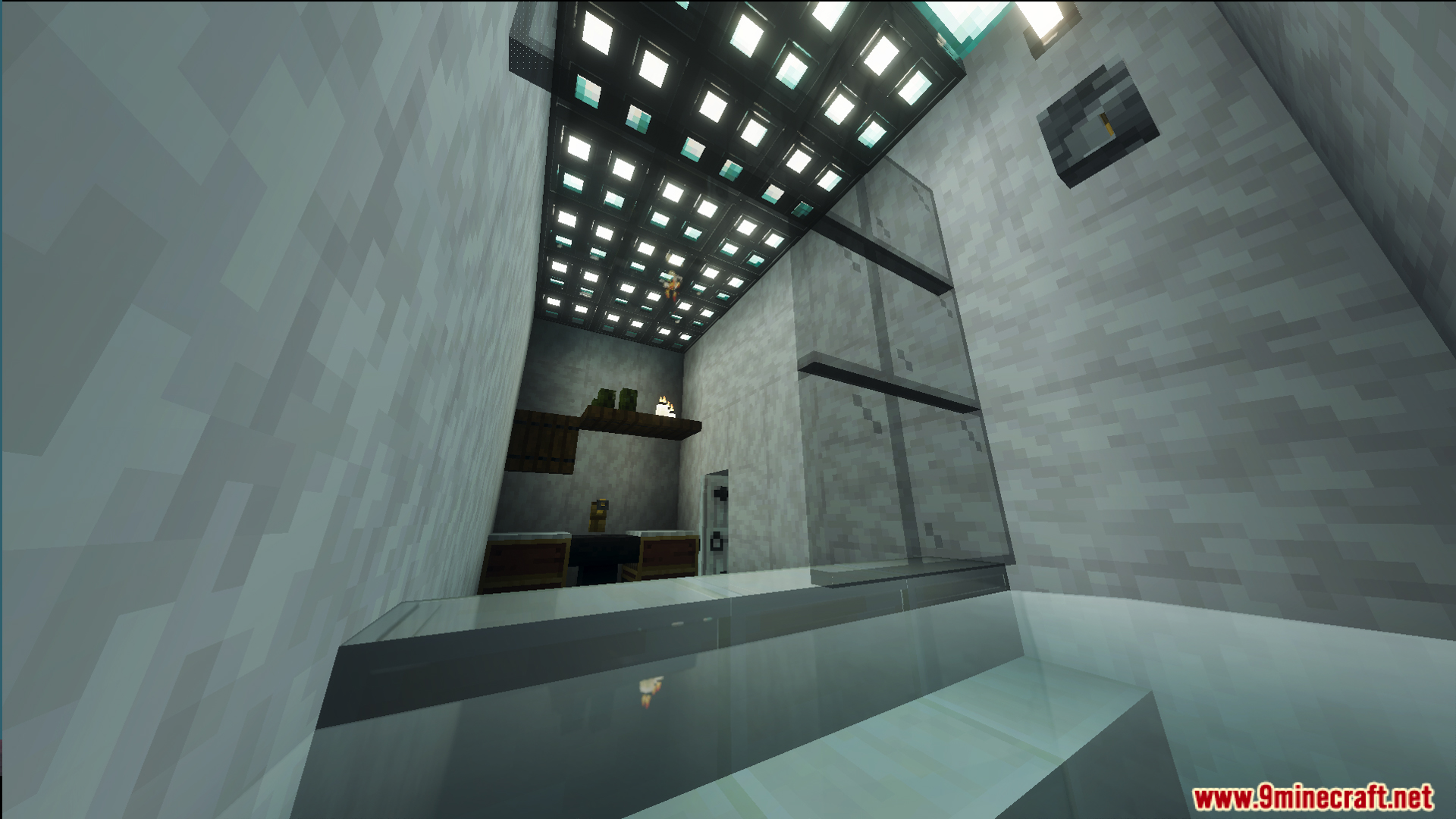 Modern interior with glass partition and grid light ceiling in Survival Modern House