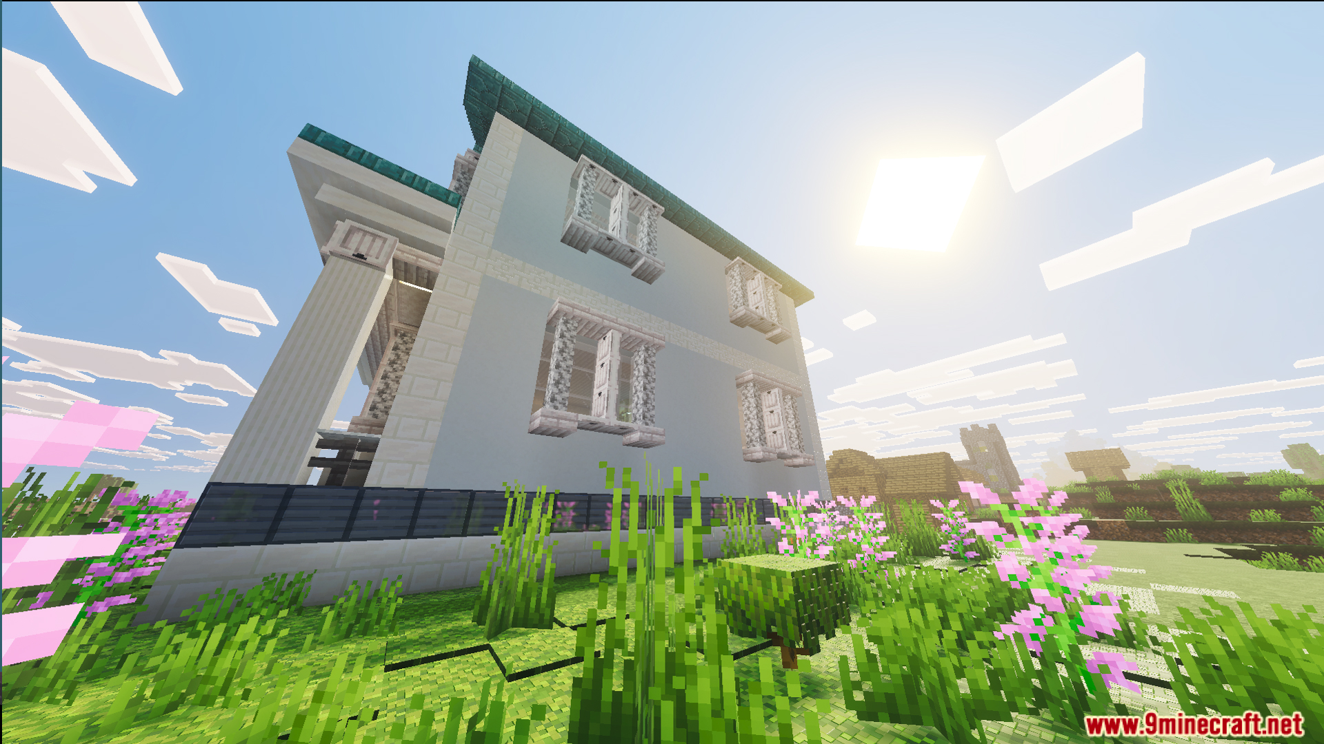Survival Suburban House 48 Map Screenshot 1 Side view of a white suburban house with a teal roof and pillars