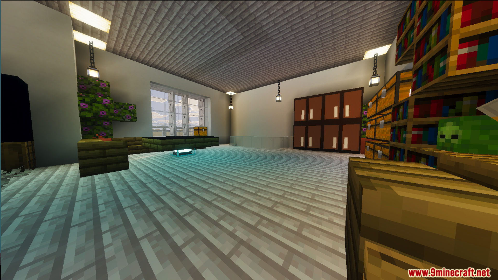 Survival Suburban House 48 Map Screenshot 10 Modern living room interior with wooden furniture bookshelves and a zombie head