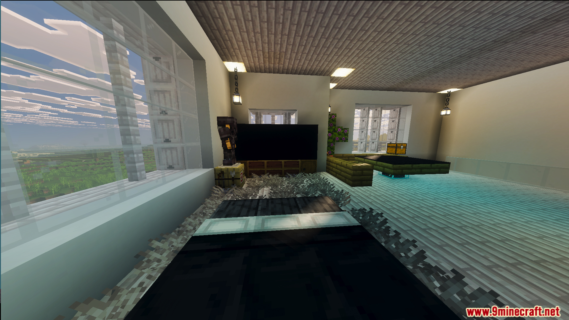 Survival Suburban House 48 Map Screenshot 11 Modern bedroom interior featuring a black bed and large glass windows