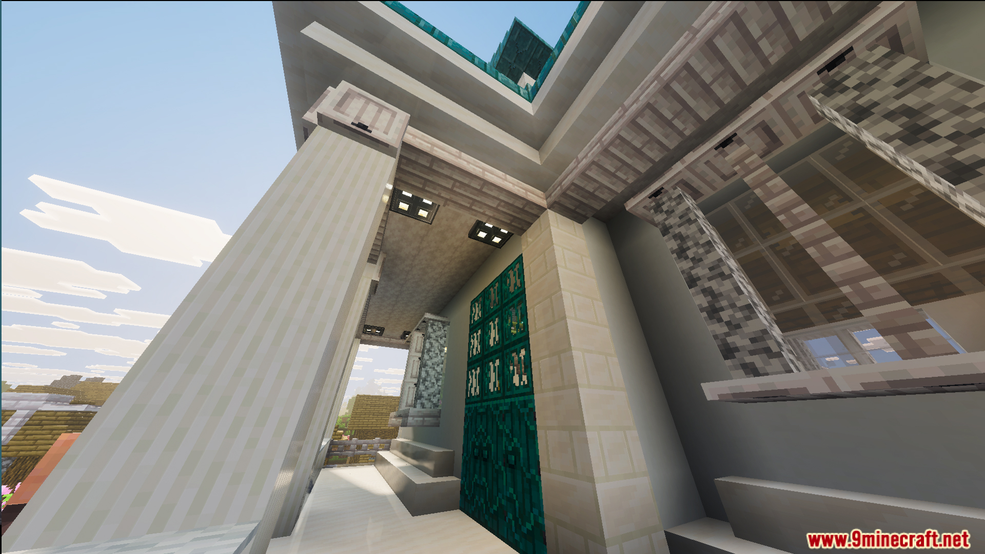 Survival Suburban House 48 Map Screenshot 3 Close up view of the porch with white pillars and teal doors