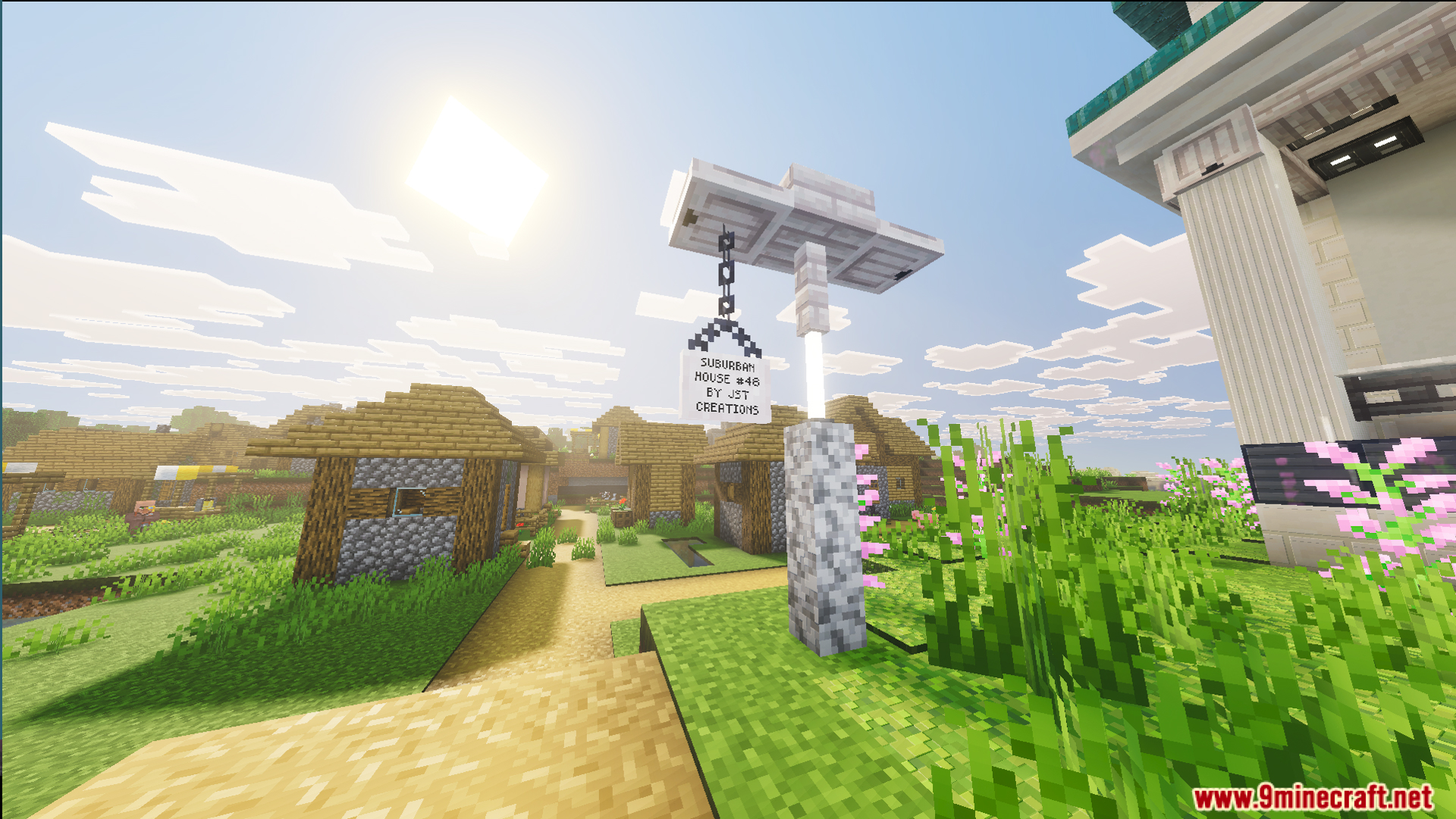 Survival Suburban House 48 Map Screenshot 5 A sign for Suburban House stands near a peaceful plains village