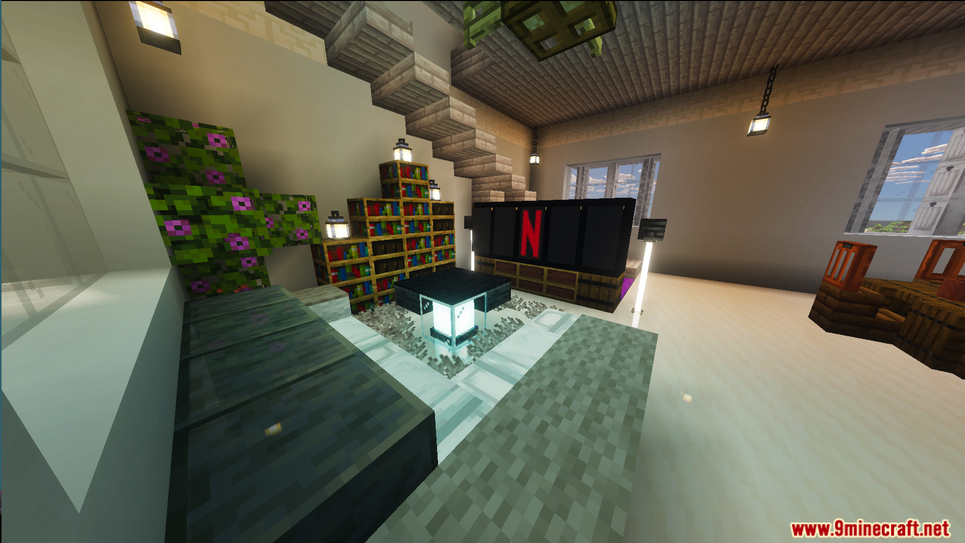 Survival Suburban House 48 Map Screenshot 6 A modern living room interior with a large television and wooden furniture