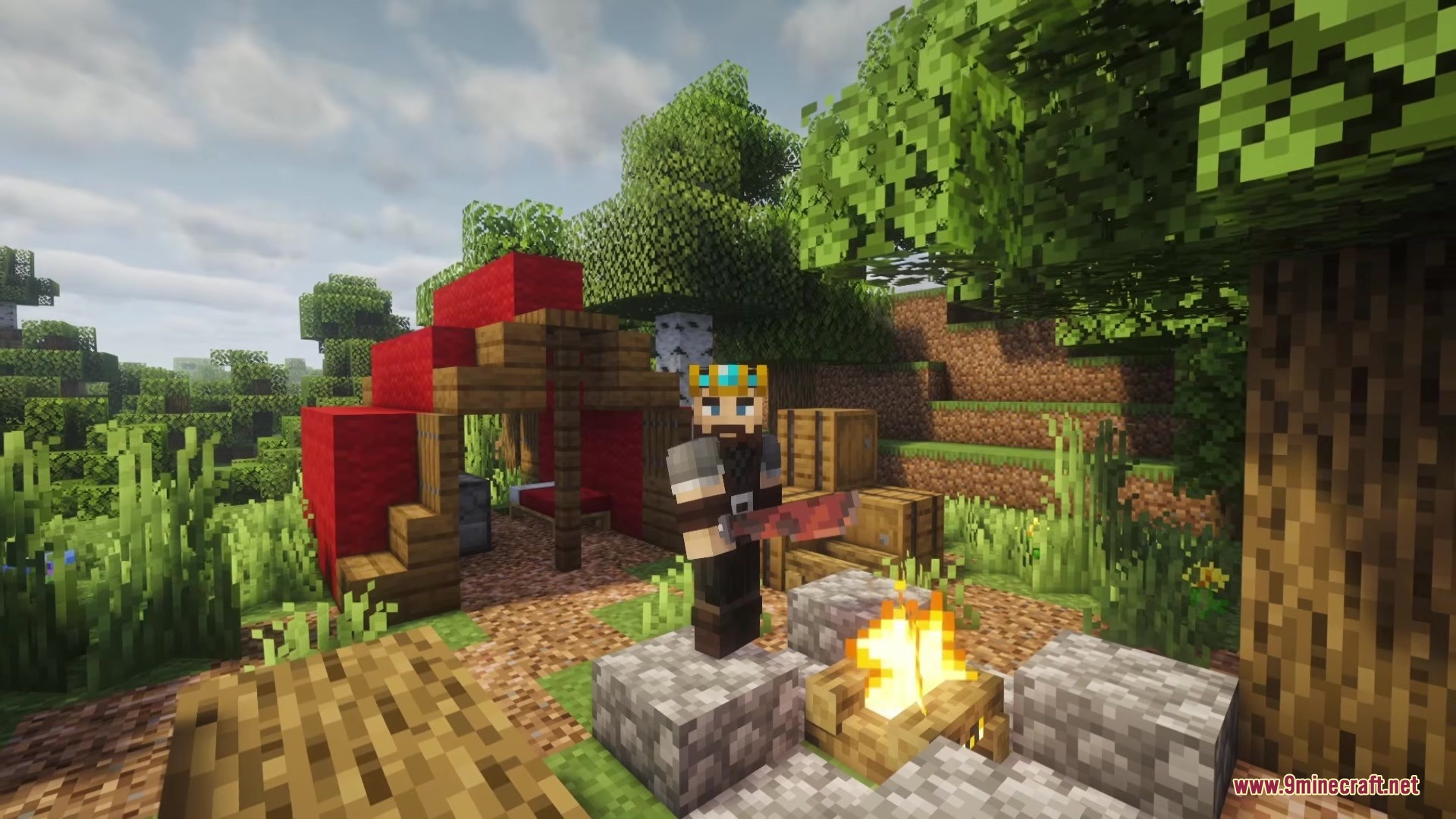 A player with a crown holding a bloody sword near a forest campfire