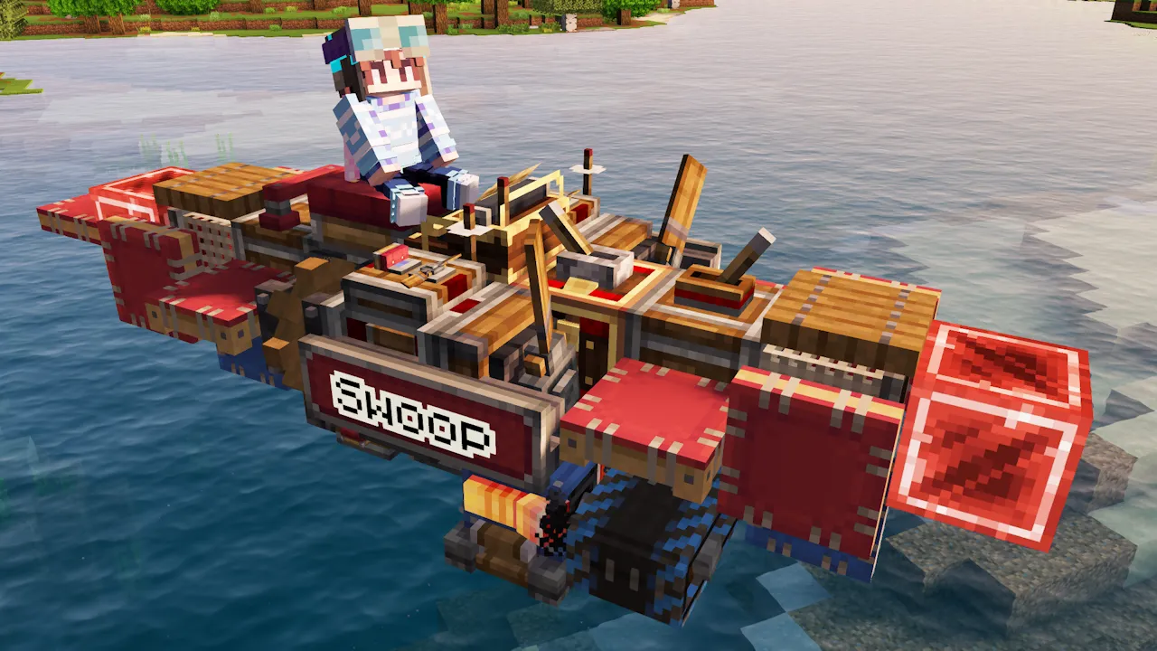 Swoop Compact Hovercraft Schematic Screenshots 1 A player sitting on the Swoop compact hovercraft floating over water