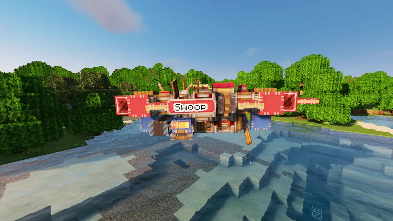 Swoop Compact Hovercraft Schematic Screenshots 3 The Swoop hovercraft glides over a river in a sunny Minecraft world