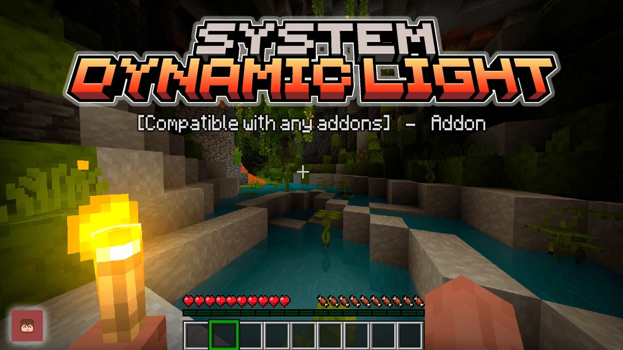 System Dynamic Light Addon Screenshot 1 Player holding a torch in a lush cave with System Dynamic Light Addon