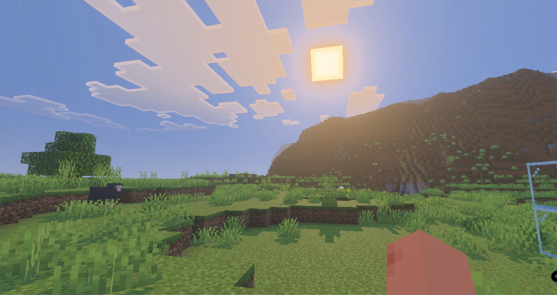 System Dynamic Light Addon Screenshot 8 Bright sun shining over a Minecraft landscape with a black sheep grazing