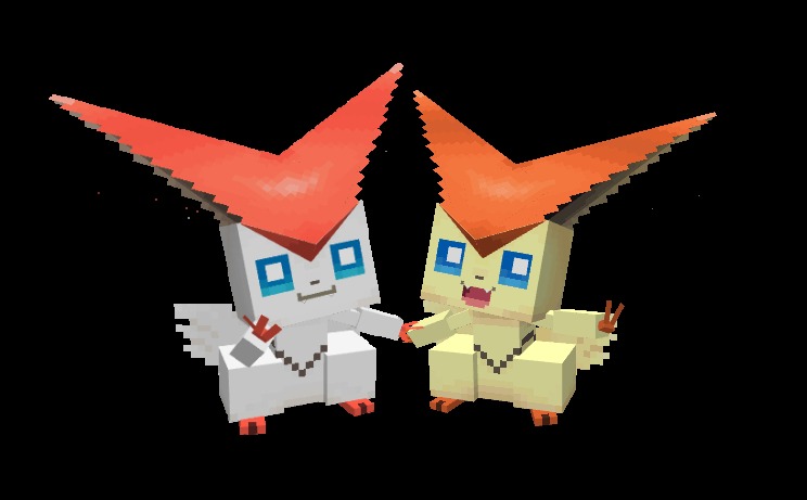 T Dmon Data Pack Screenshot 4 Two blocky Victini models standing side by side in a dark environment