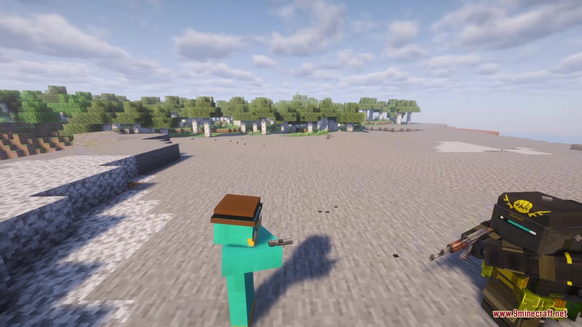 TACZ Juggernaut Armoury Mod Screenshot 7 Two players equipped with tactical firearms stand in an open Minecraft landscape