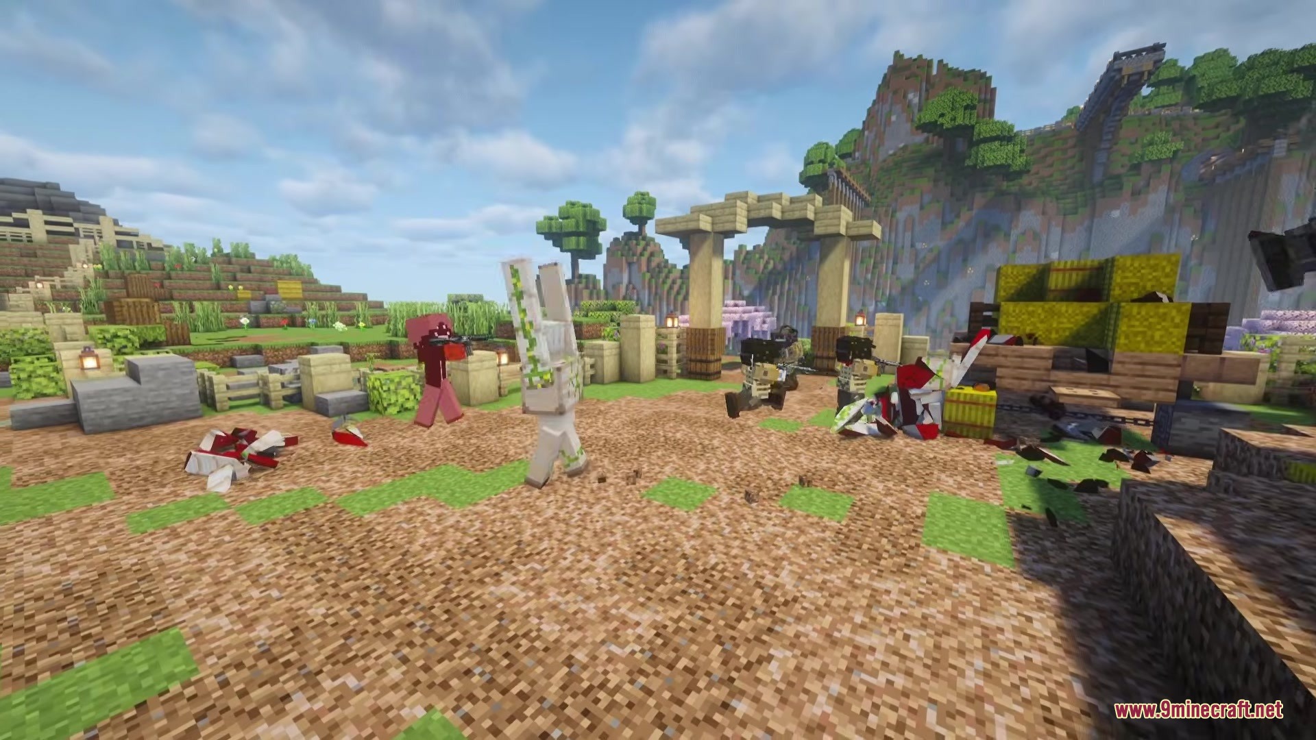 TACZ MORE LEVEL Mod Screenshot 3 Armed NPCs and an Iron Golem engage in combat within a Minecraft village