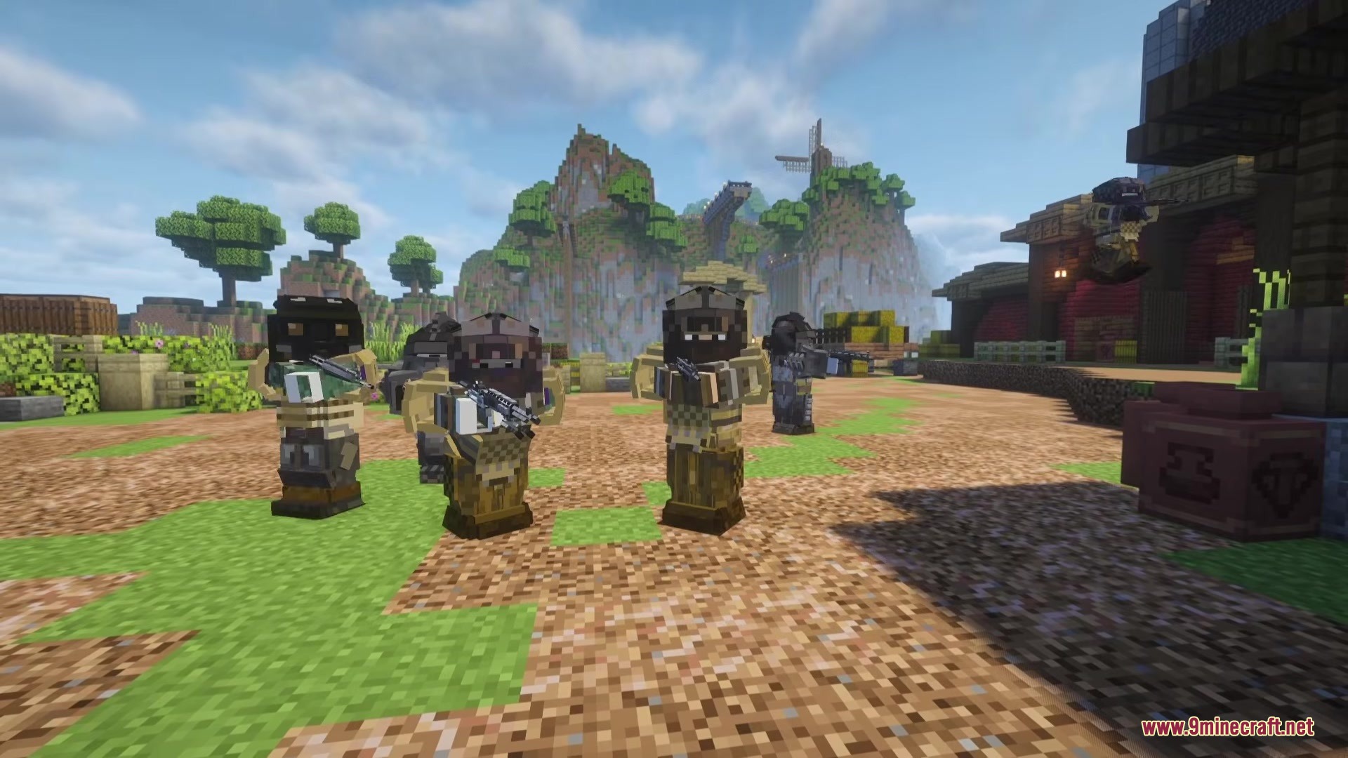 TACZ MORE LEVEL Mod Screenshot 4 Four armed NPCs in tactical armor stand together in a scenic Minecraft landscape