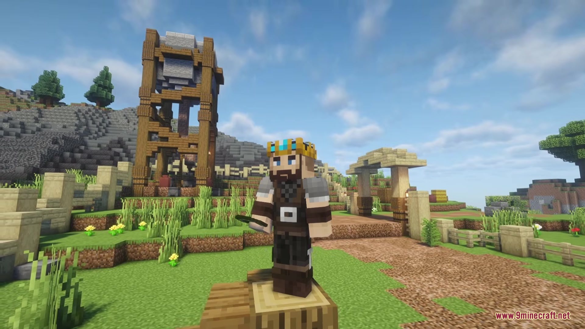 TACZ MORE LEVEL Mod Screenshot 5 A Minecraft character wearing a crown stands in front of a wooden watchtower