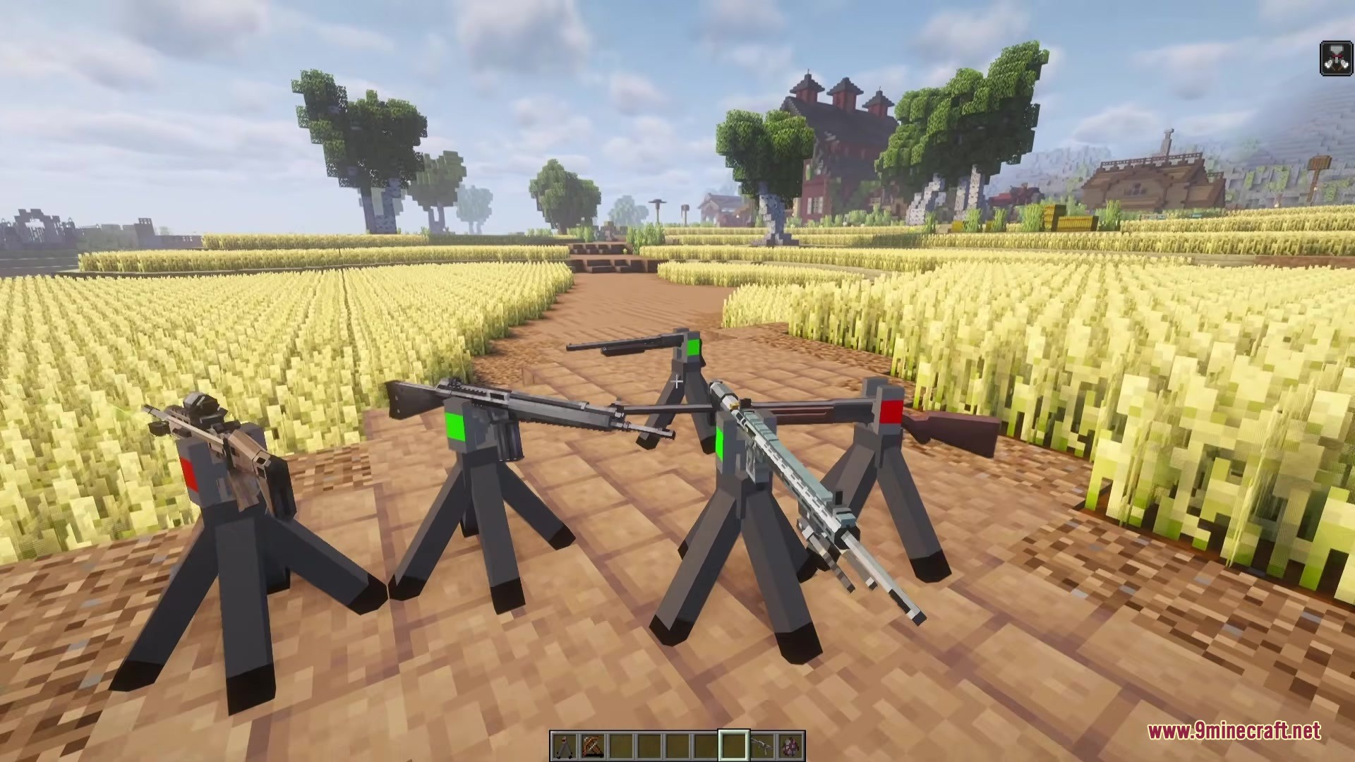 TACZ Turrets Mod Screenshot 3 Four TACZ Turrets Mod sentries holding various guns stand on a path