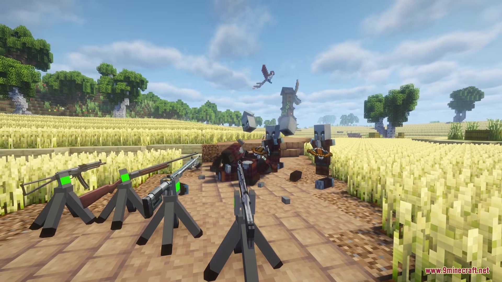 TACZ Turrets Mod Screenshot 4 Automated turrets firing at a group of Pillagers and a Ravager