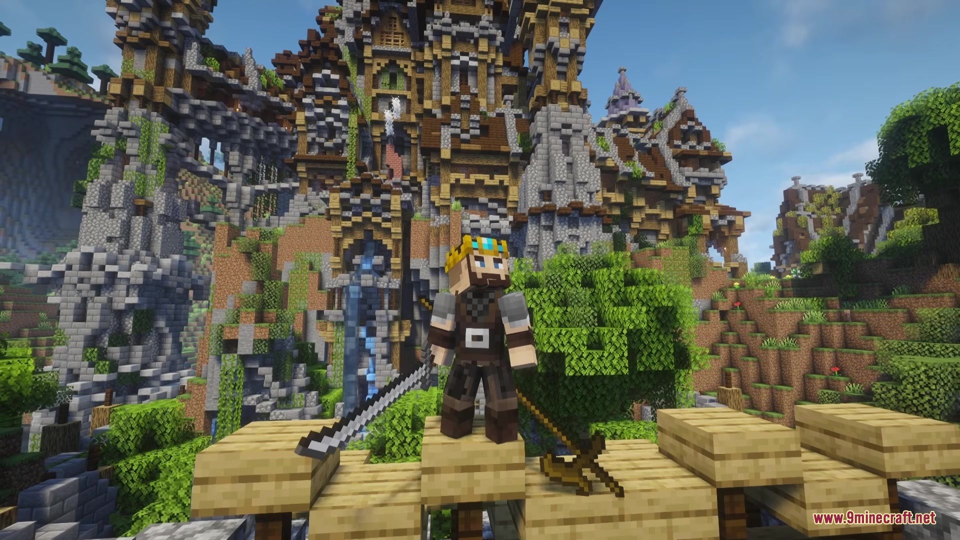 TKVM Weapons Mod Screenshot 1 A Minecraft king holding a long katana in front of a massive medieval castle