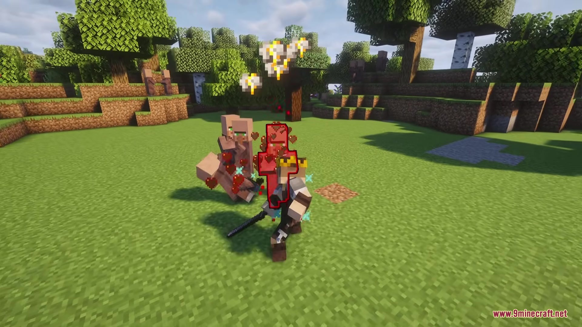 TKVM Weapons Mod Screenshot 10 The player strikes a villager with a sword causing damage and heart particles