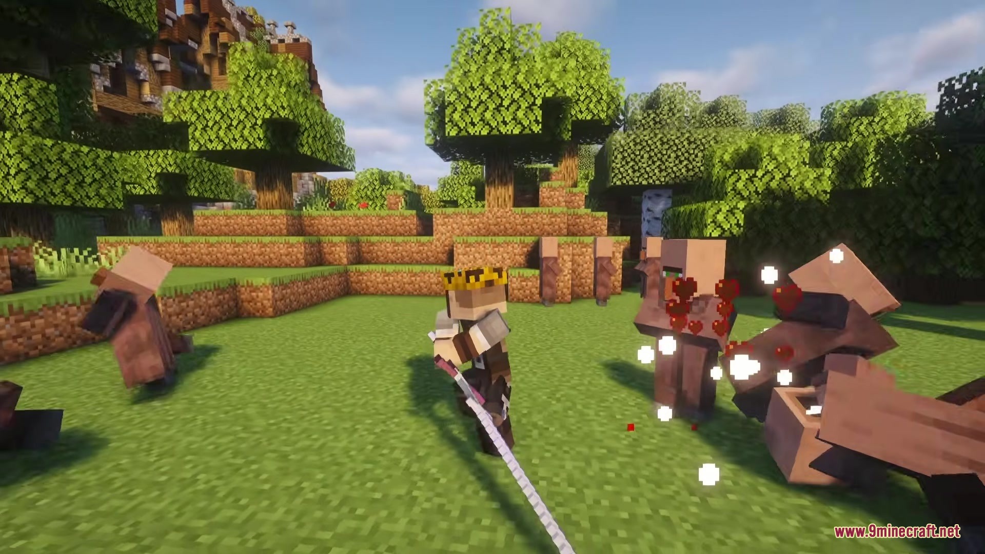 TKVM Weapons Mod Screenshot 11 A crowned player uses a polearm from TKVM Weapons Mod to attack villagers