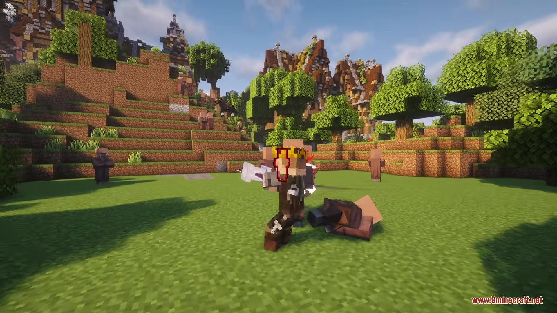 TKVM Weapons Mod Screenshot 12 A player wearing a crown stands over a defeated villager with a maul