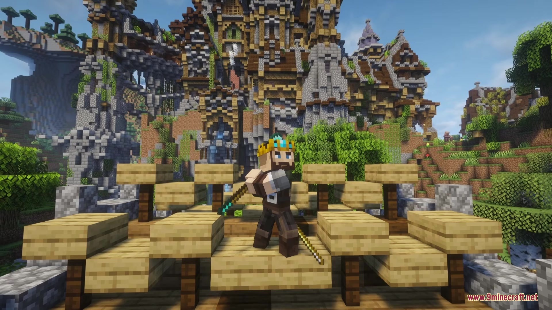 TKVM Weapons Mod Screenshot 2 Character wielding a powerful Starite weapon on a wooden platform near a fortress
