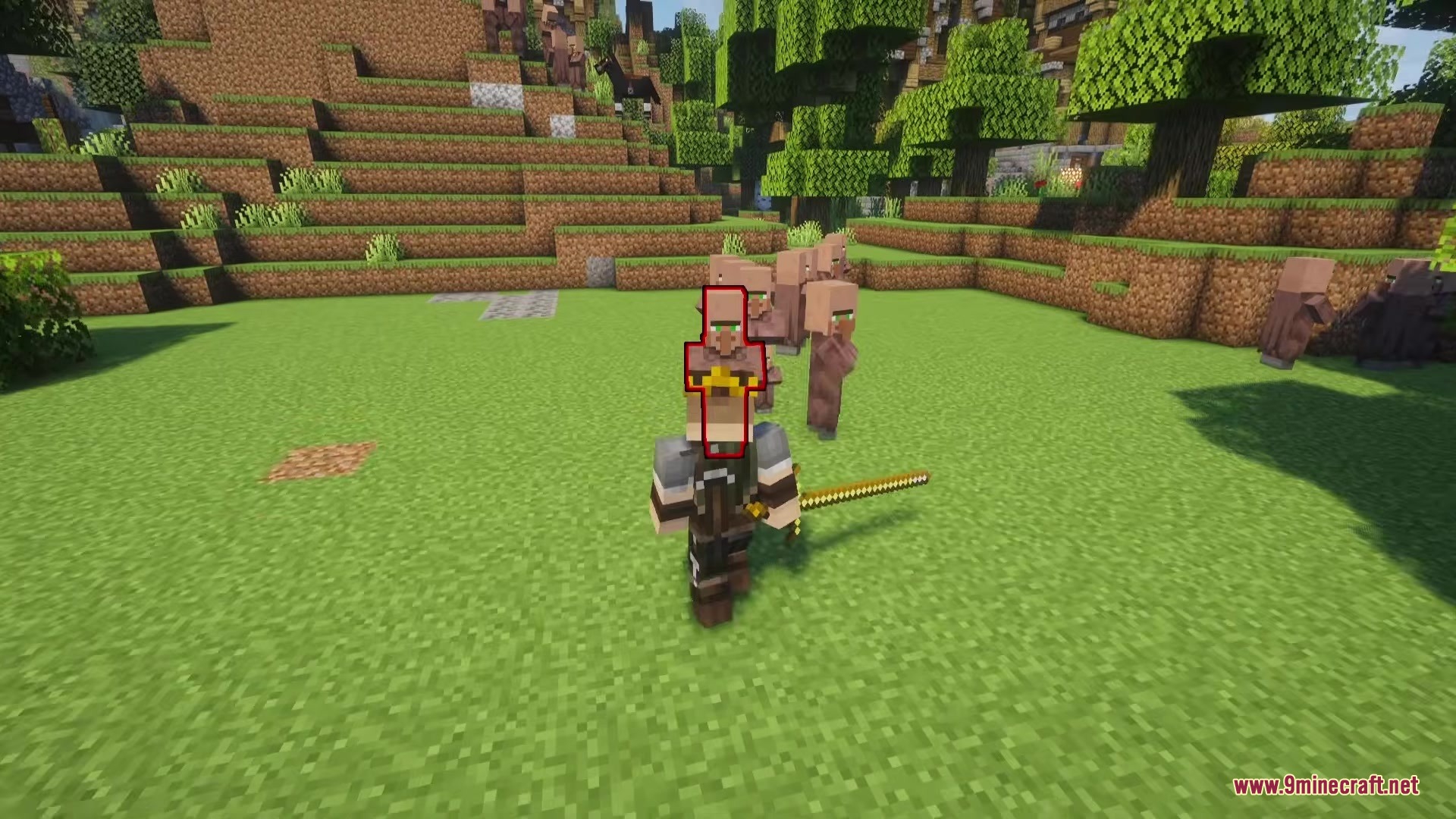 TKVM Weapons Mod Screenshot 3 A player targets a villager while holding a golden medieval sword