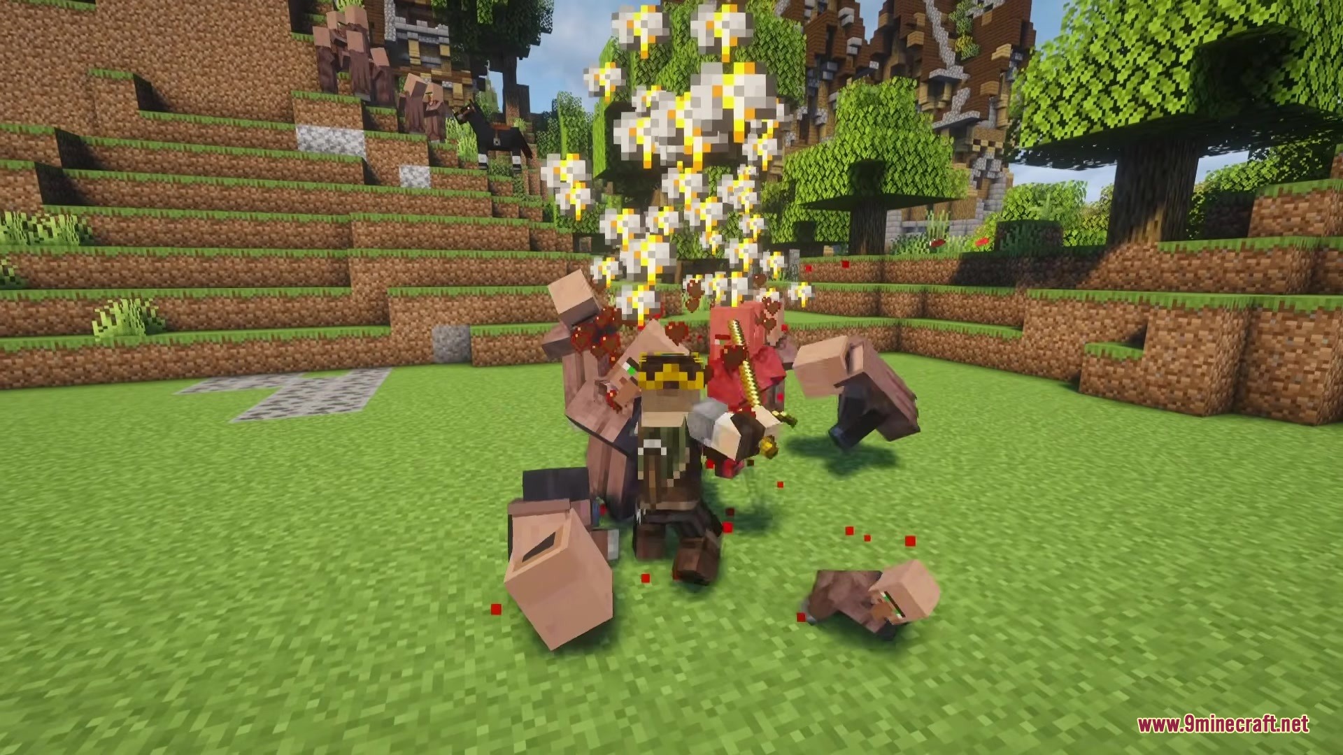 TKVM Weapons Mod Screenshot 4 The player attacks villagers with a golden sword causing sparks and particles