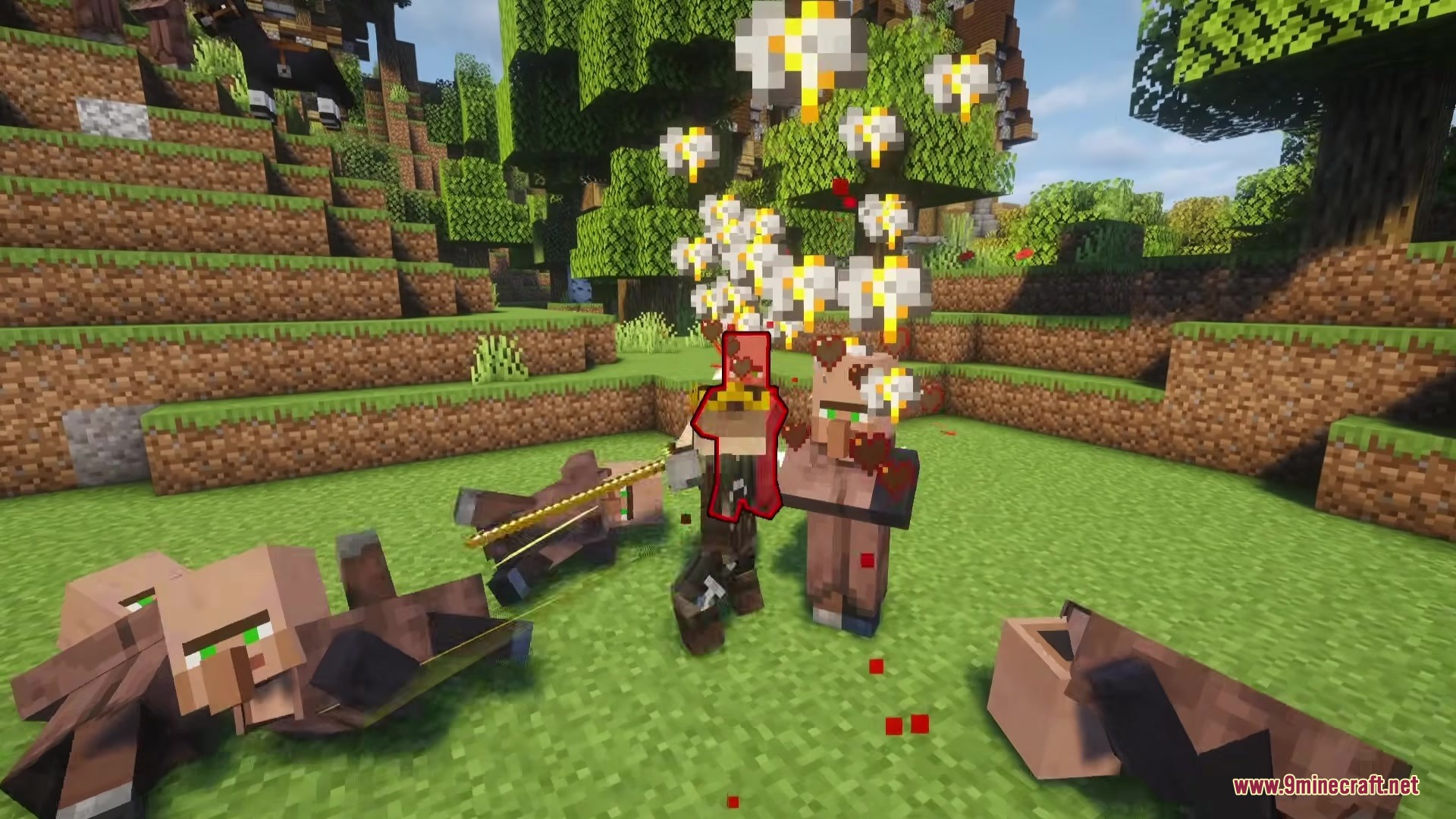 TKVM Weapons Mod Screenshot 5 A player wearing a crown and cape attacks villagers with a spear