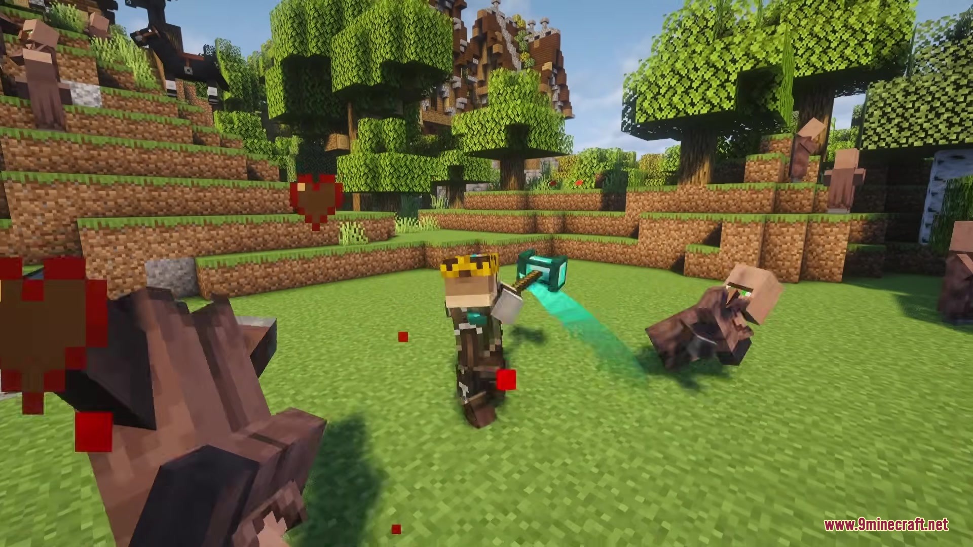 TKVM Weapons Mod Screenshot 7 A player wearing a crown swings a heavy green maul at nearby villagers