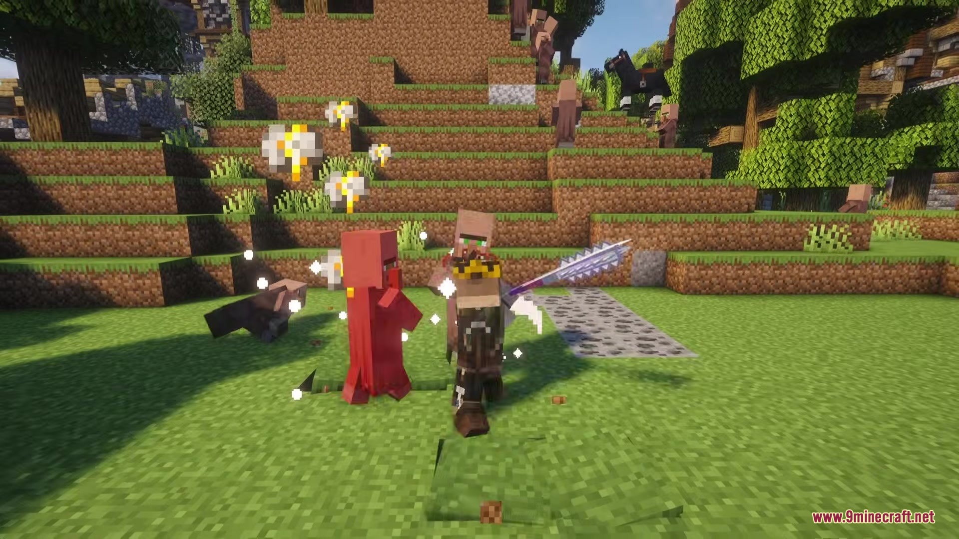 TKVM Weapons Mod Screenshot 8 A player attacks villagers with a serrated silver claymore in a grassy field