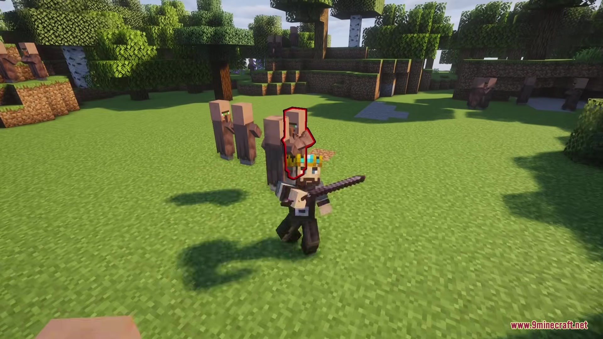 TKVM Weapons Mod Screenshot 9 A player wearing a crown holds a medieval sword near several villagers