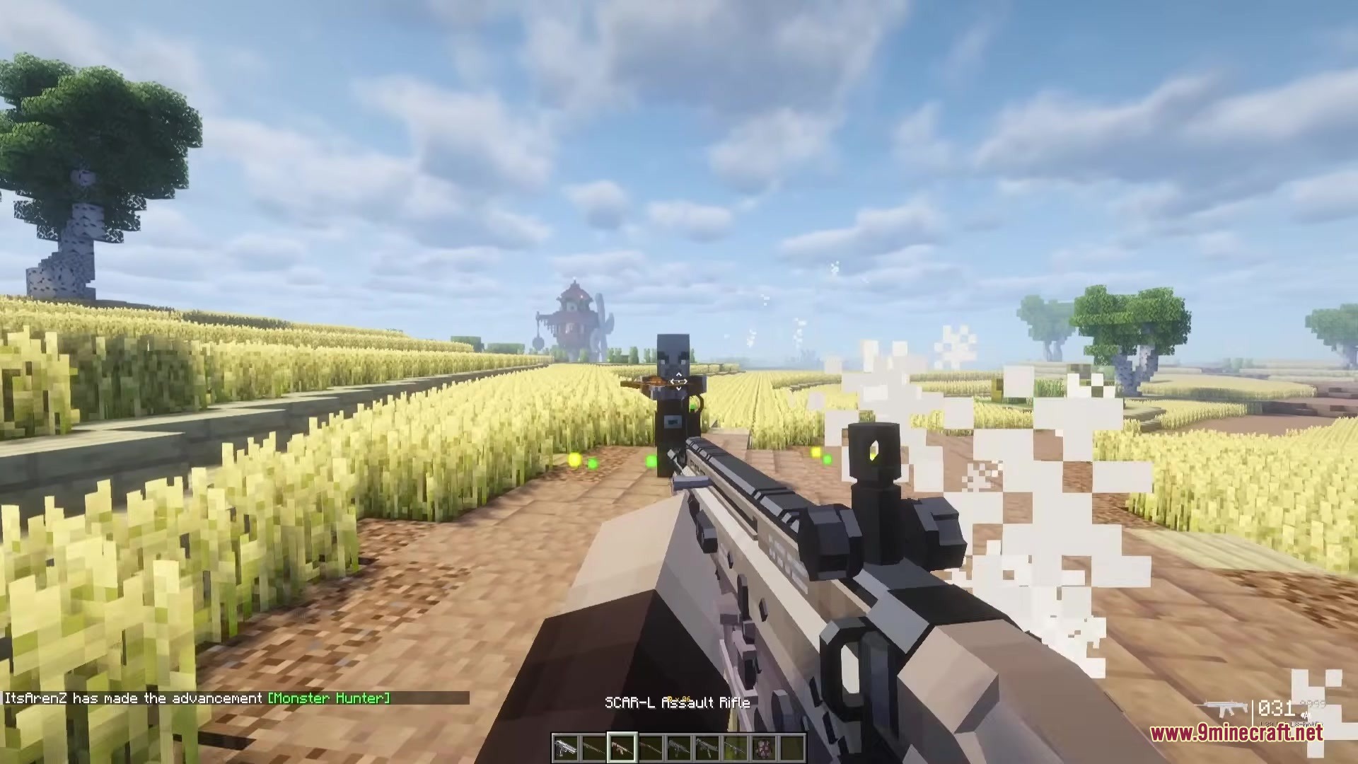 TaCZ Attributes Mod Screenshot 5 Player firing a realistic assault rifle at a mob in a wheat field