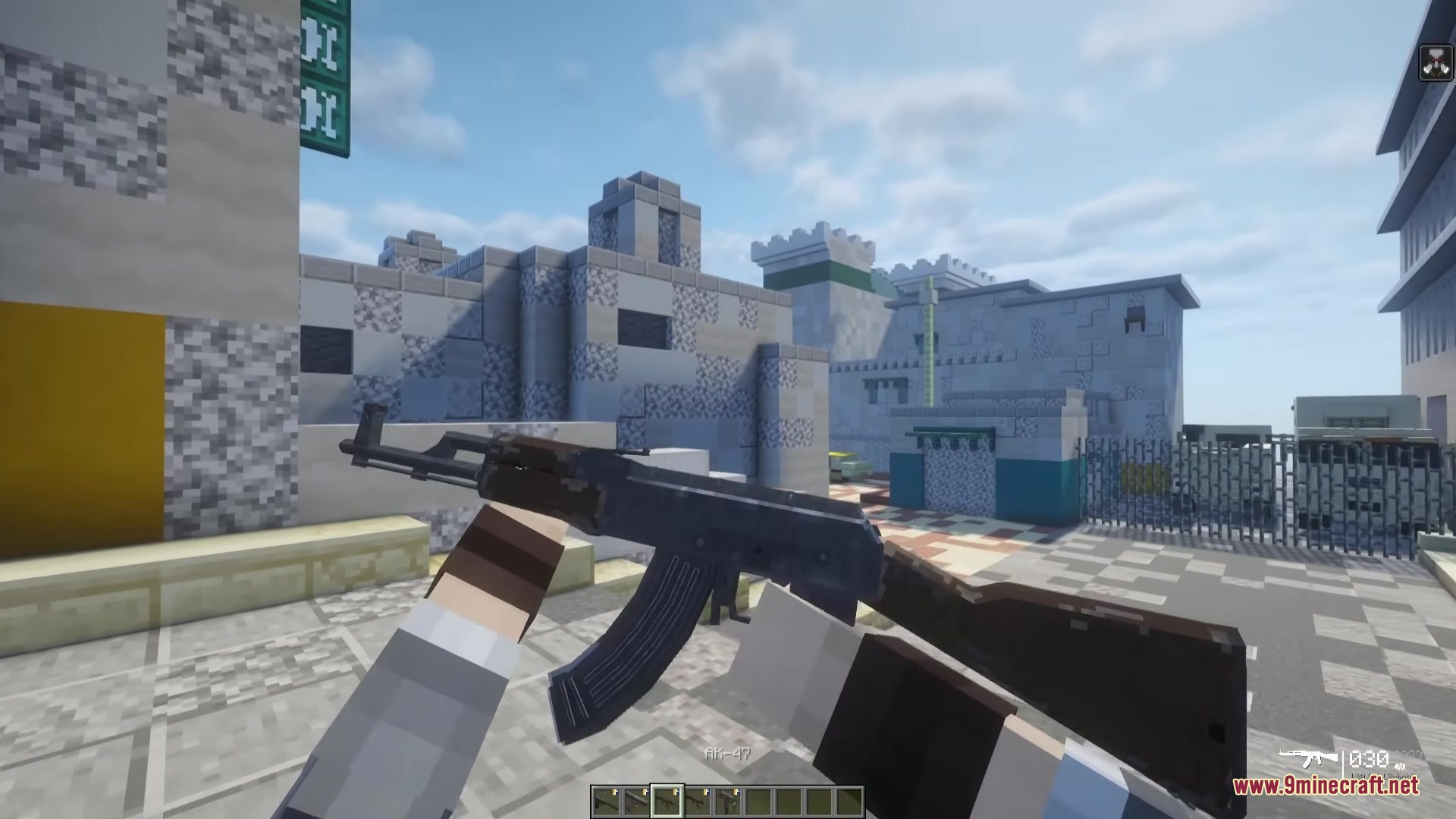 TaCZ CS Mod Screenshot 2 A player wielding an AK47 assault rifle in a custom Minecraft environment