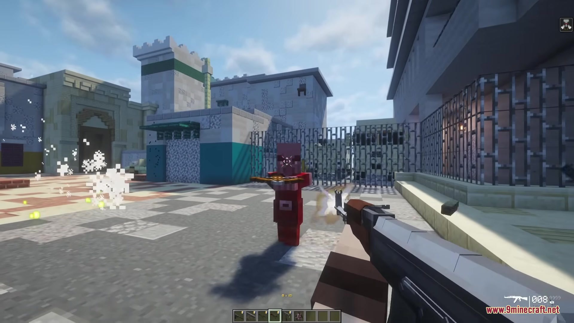 TaCZ CS Mod Screenshot 5 A player fires an AK47 at a pillager in a desert town