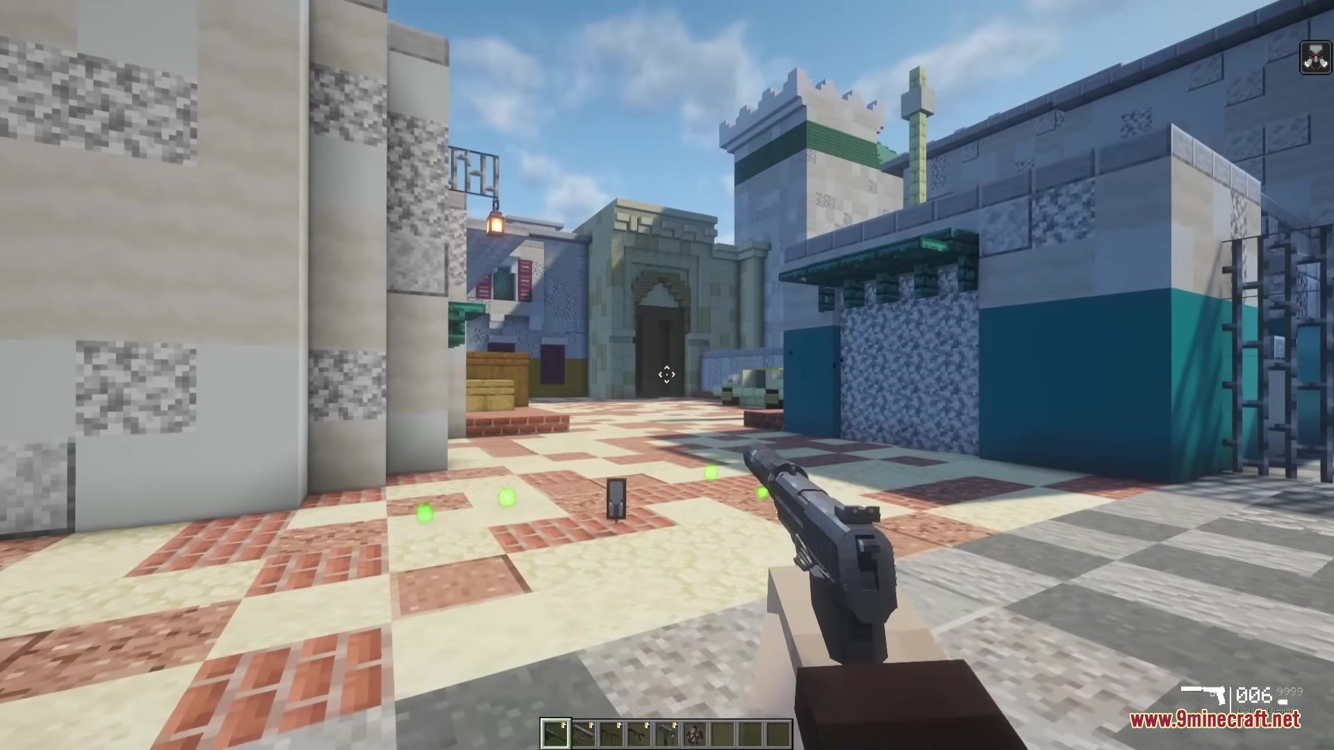 TaCZ CS Mod Screenshot 7 Player holding a suppressed pistol while exploring a desert town in Minecraft
