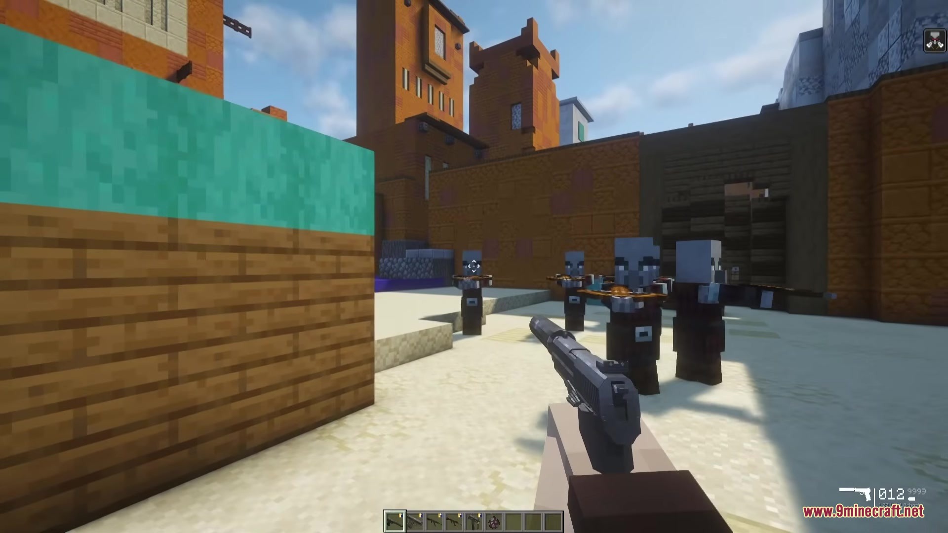 TaCZ CS Mod Screenshot 8 Player aiming a suppressed pistol at a group of pillagers in Minecraft