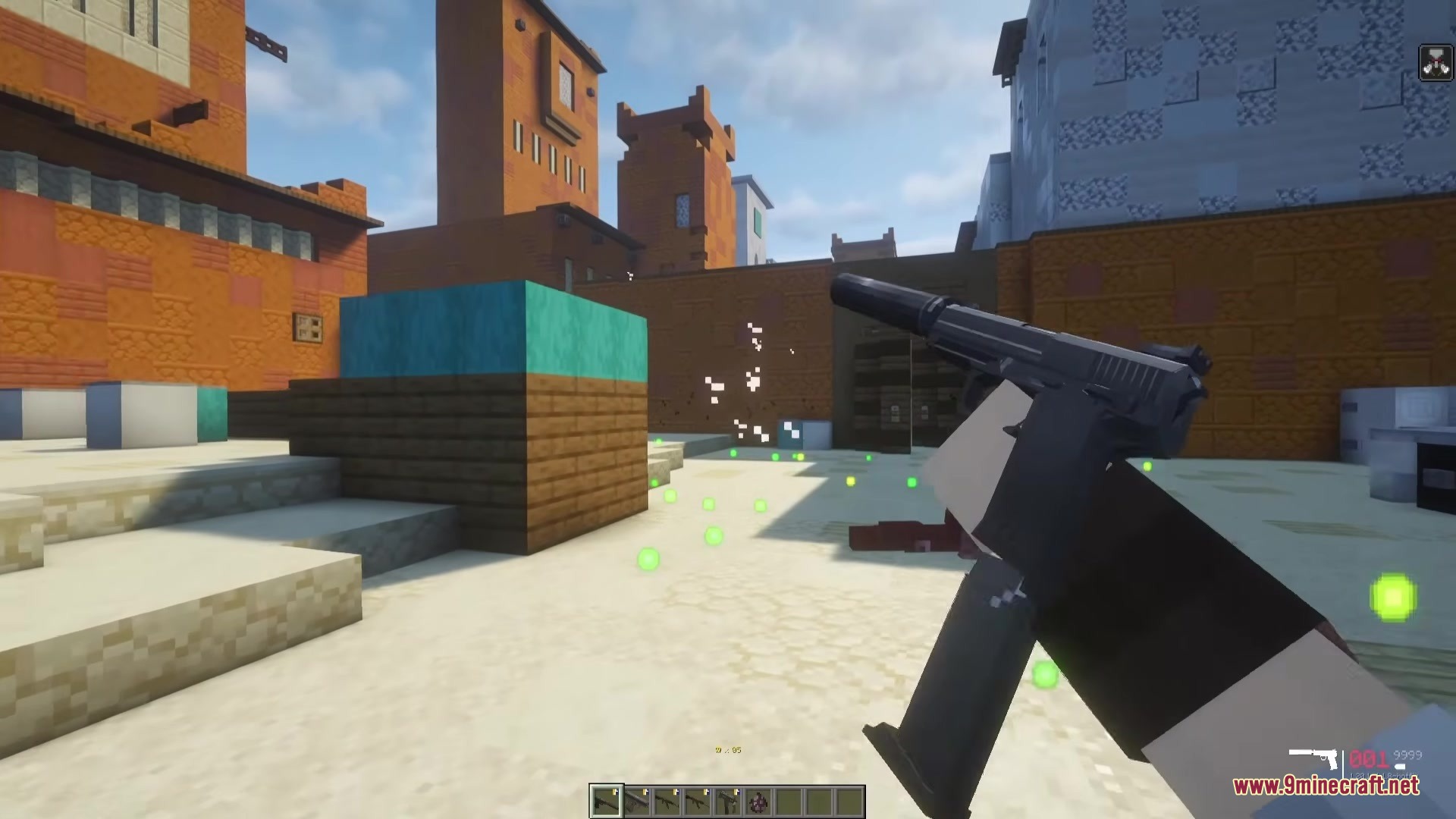 TaCZ CS Mod Screenshot 9 Player wielding a suppressed USP-S pistol in a desert themed Minecraft map